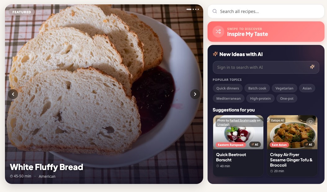 Eatspo in use: a featured recipe, search, and AI recipe suggestions