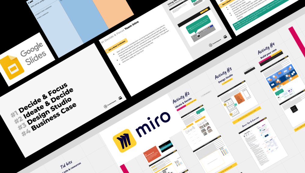 The activity structure in Google Slides and Miro: Decide and Focus, Ideate and Decide, Design Studio, Business Case