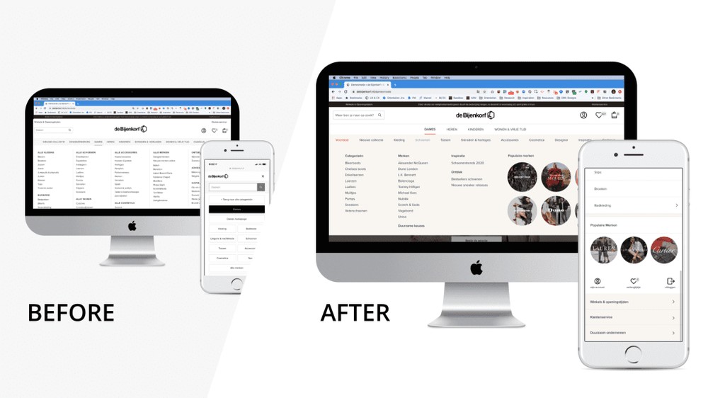 De Bijenkorf navigation, before and after: an eight-category flyout becomes a cleaner four-category structure on desktop and mobile