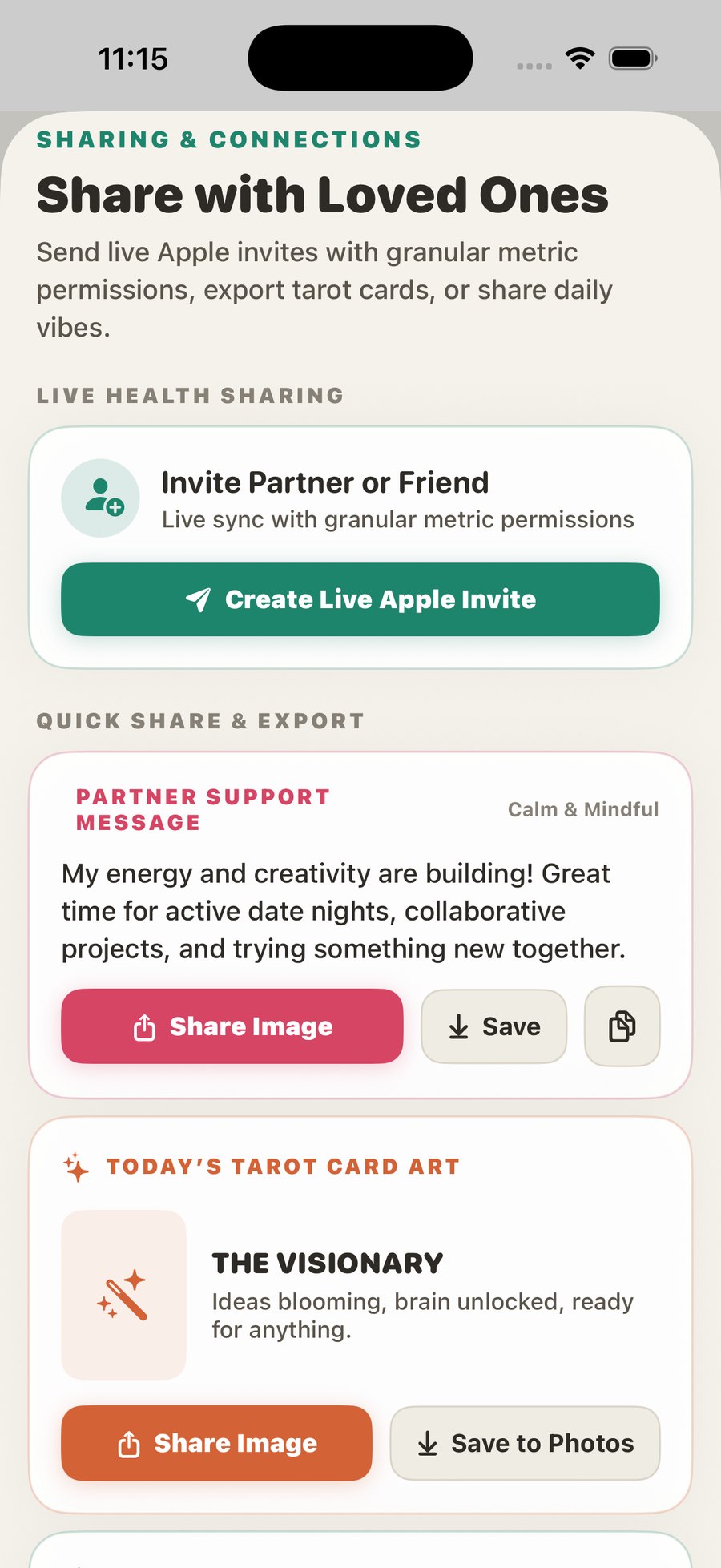 Glimz sharing screen: invite a partner or friend, and a partner support message card