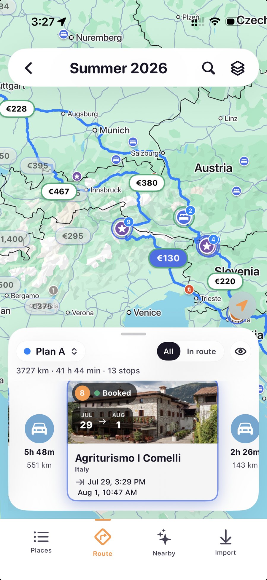 A Triptoi route on the map with driving costs and a booked-stay card
