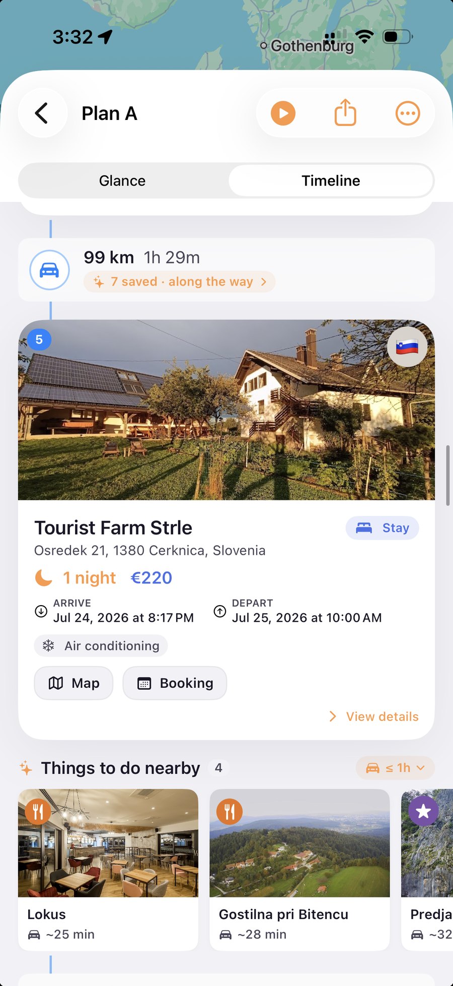 A Triptoi shared trip timeline with a stay card and things to do nearby
