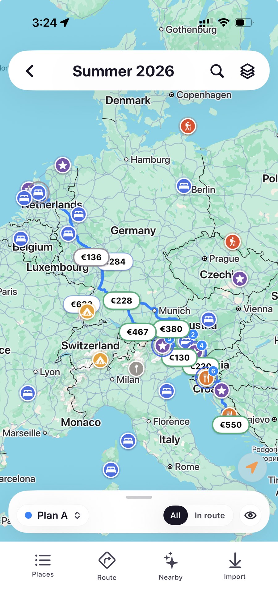 Triptoi trip map showing a planned route across Europe with costs