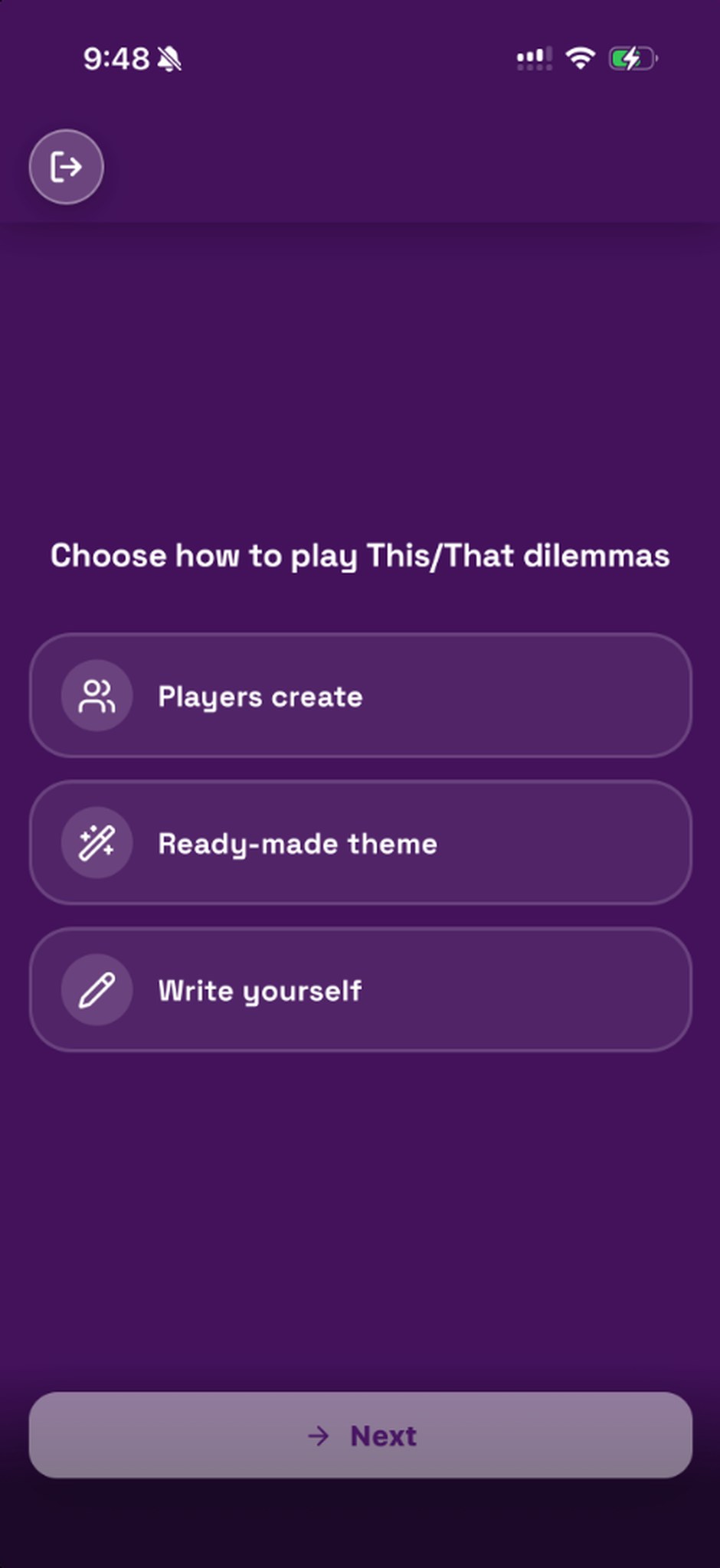 Vibes host setup: choose how to play This/That dilemmas, players create, ready-made theme, or write yourself