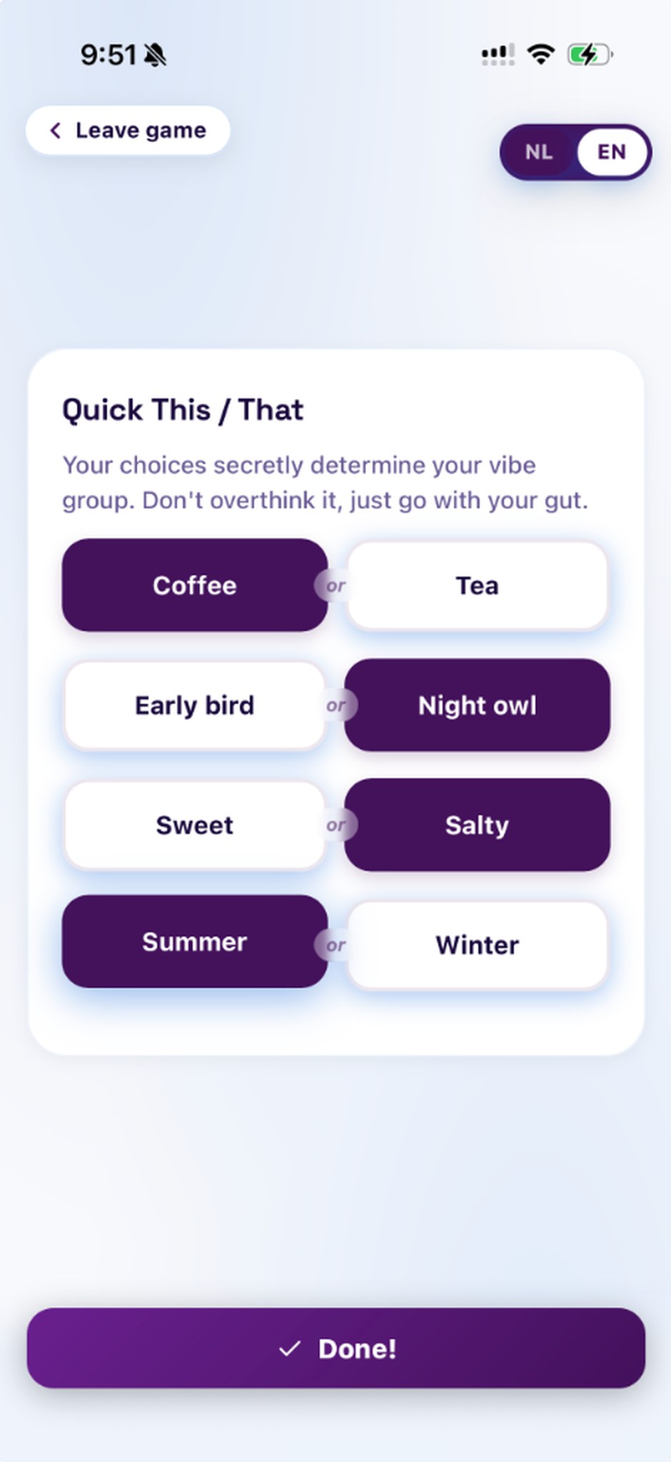 A Vibes question screen: Quick This / That, Coffee or Tea, Early bird or Night owl