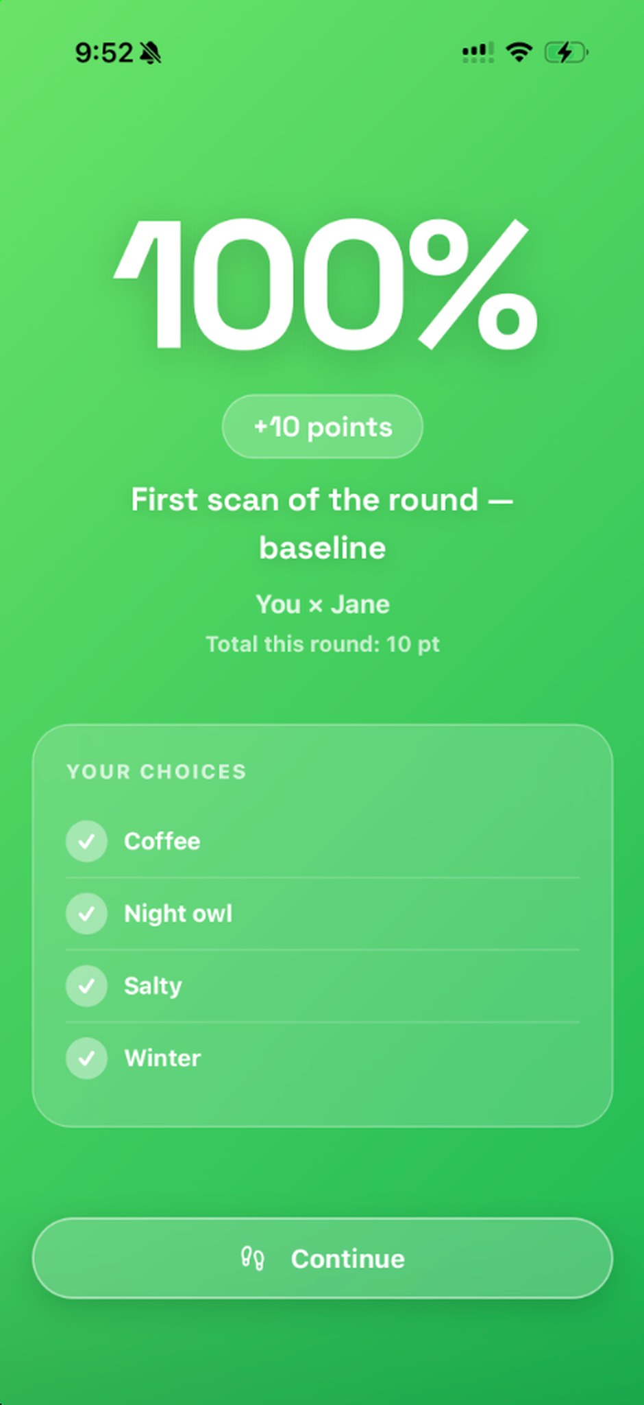 A Vibes match result screen showing a 100 percent match and the shared choices