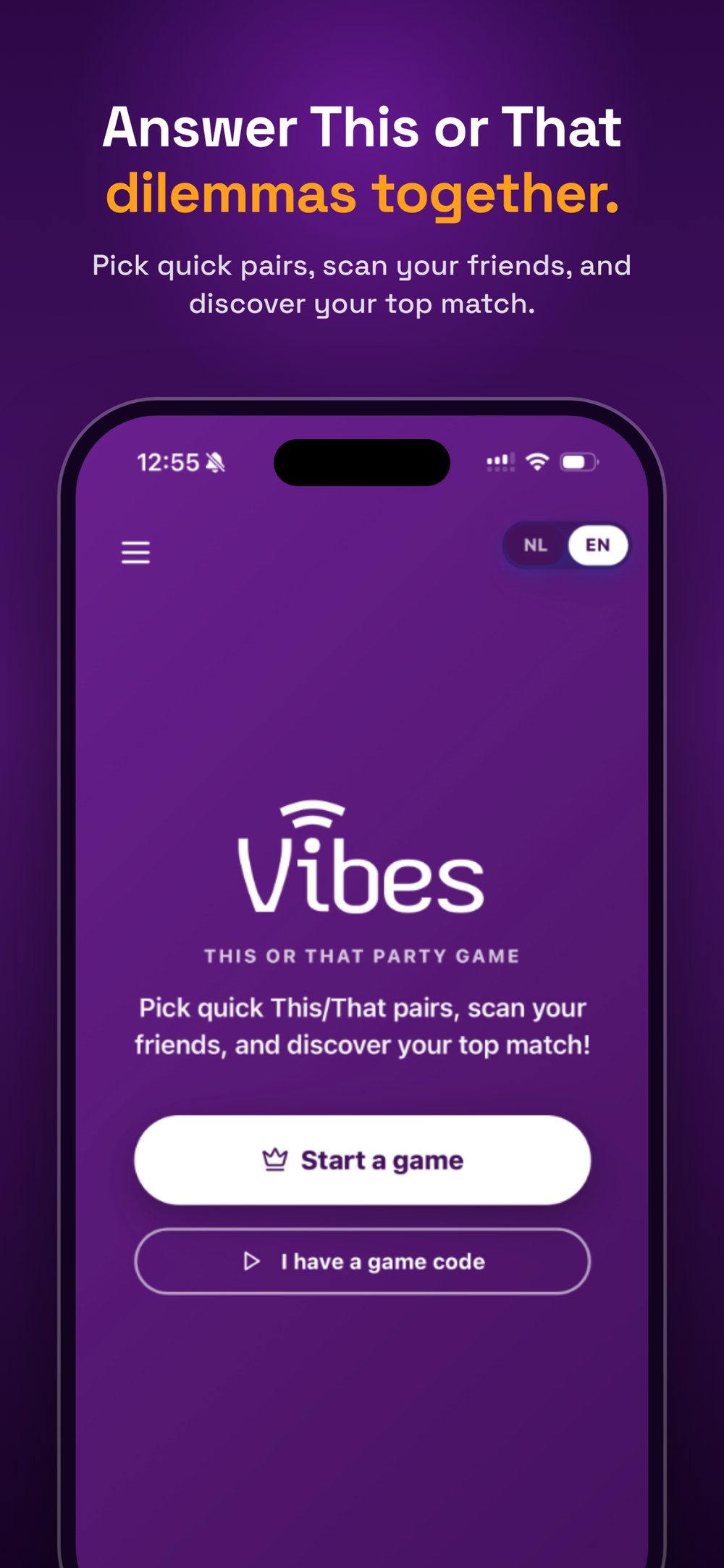 Vibes home screen: start a game or enter a code